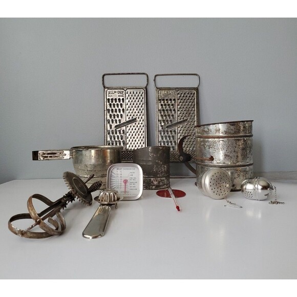 Vintage Lot of 11 Kitchen Utensils Tea Strainer Mixer Sifters Pastry Crimper - Picture 1 of 10